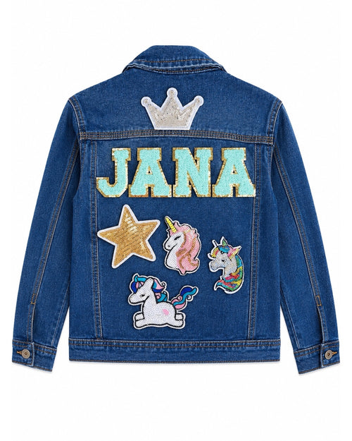 Blue denim jacket with unicorns