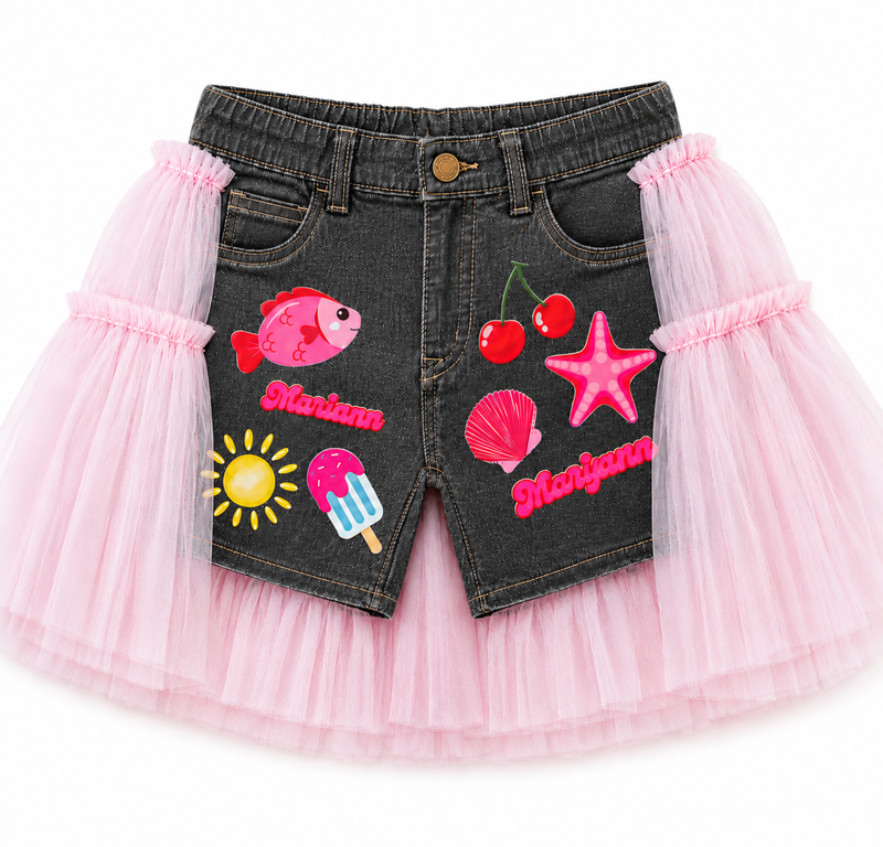 Customized Denim Shorts – Gray Shells Theme with Tulle