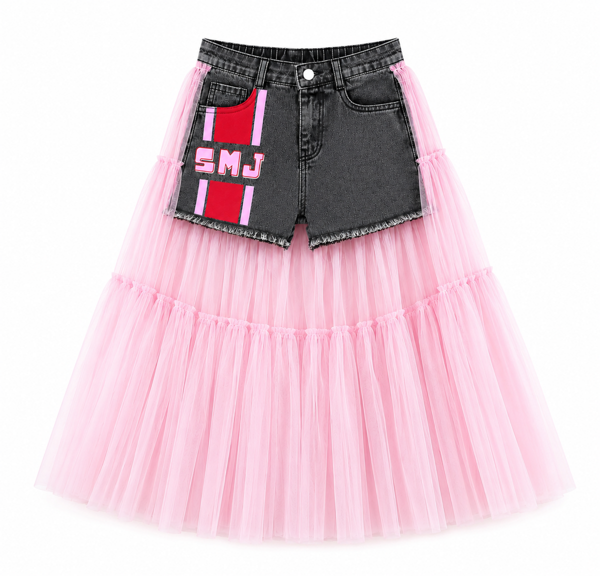 Customized Denim Shorts – Gray with Initials & Tulle