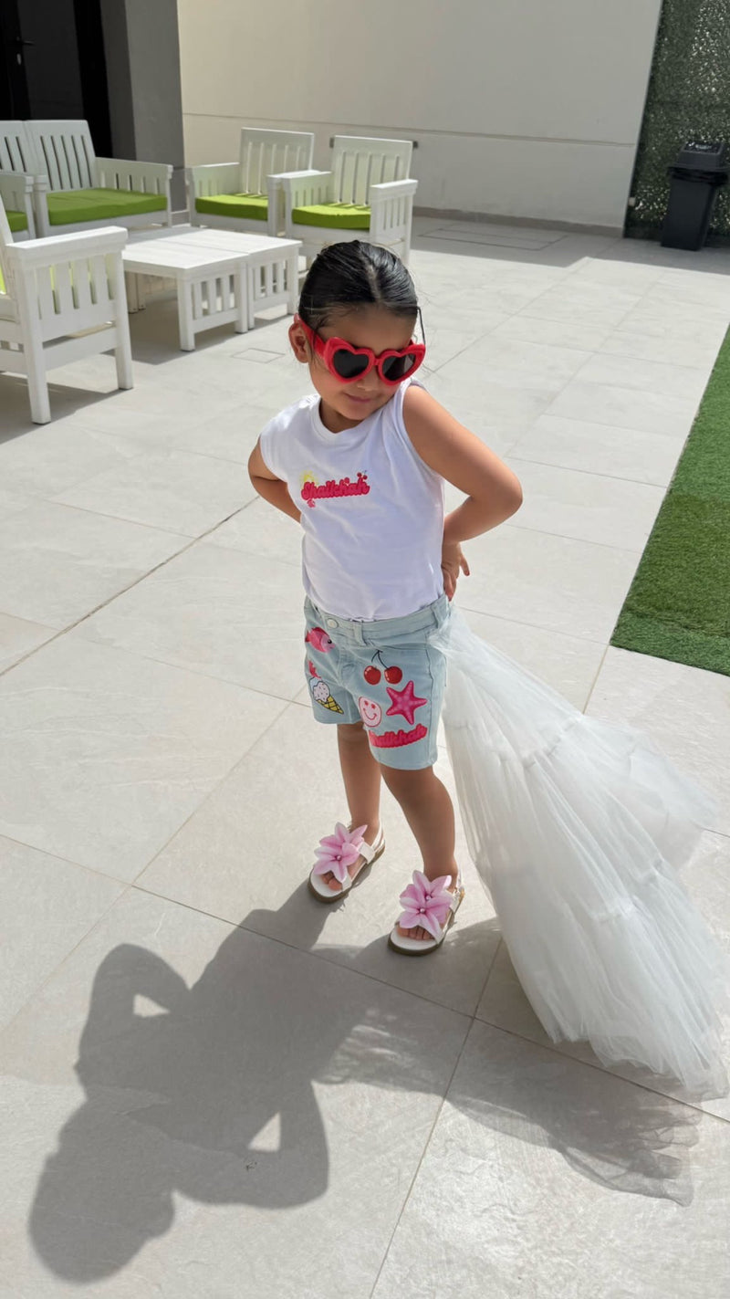 Light blue denim shells themed shorts with tulle