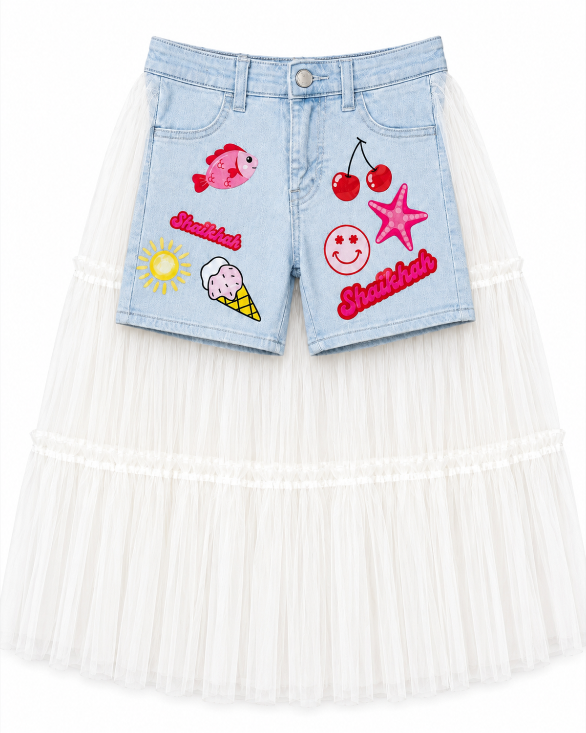 Light blue denim shells themed shorts with tulle