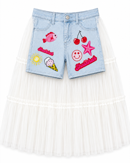 Light blue denim shells themed shorts with tulle