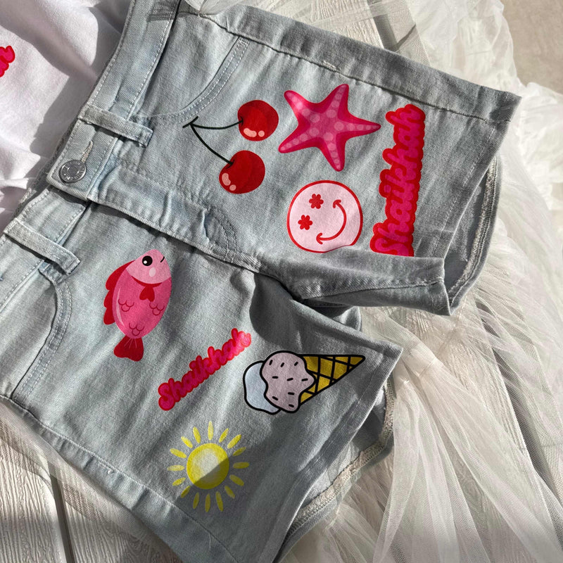 Light blue denim shells themed shorts with tulle