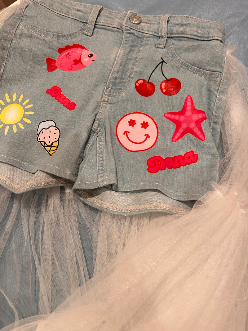 Light blue denim shells themed shorts with tulle