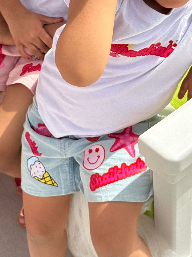 Light blue denim shells themed shorts with tulle