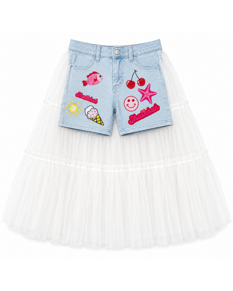 Customized Denim Shorts – Pink Shells Theme with Tulle