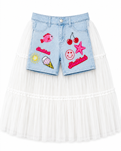 Light blue denim shells themed shorts with tulle