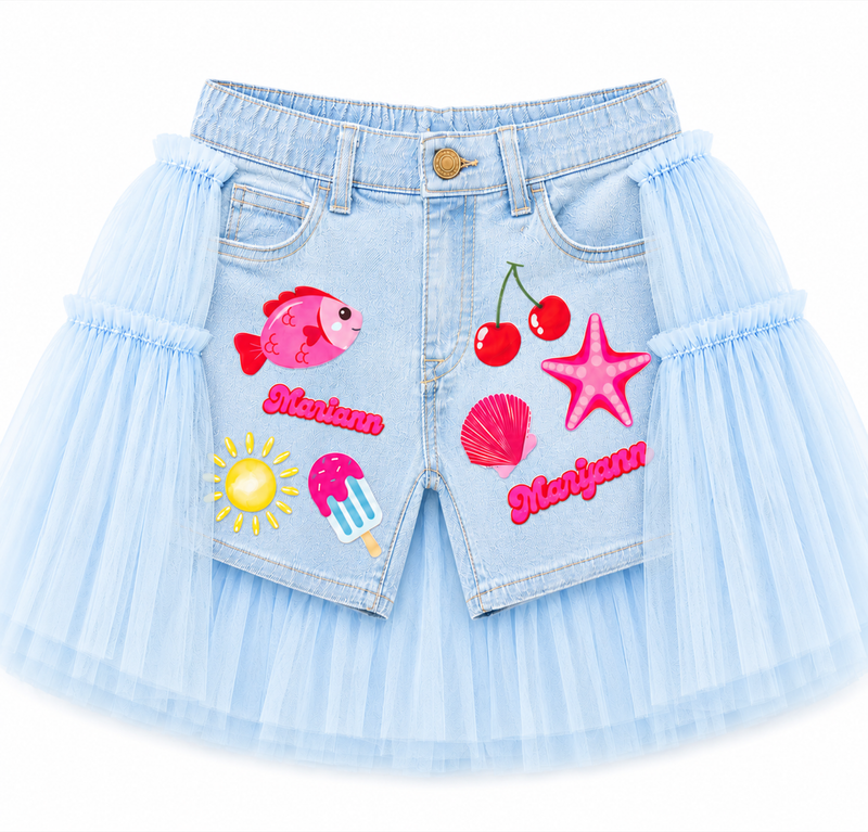 Light blue denim shells themed shorts with tulle