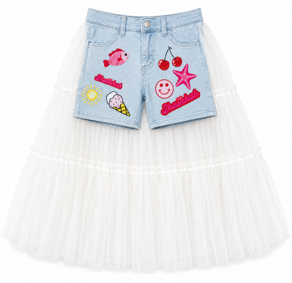 Light blue denim shells themed shorts with tulle
