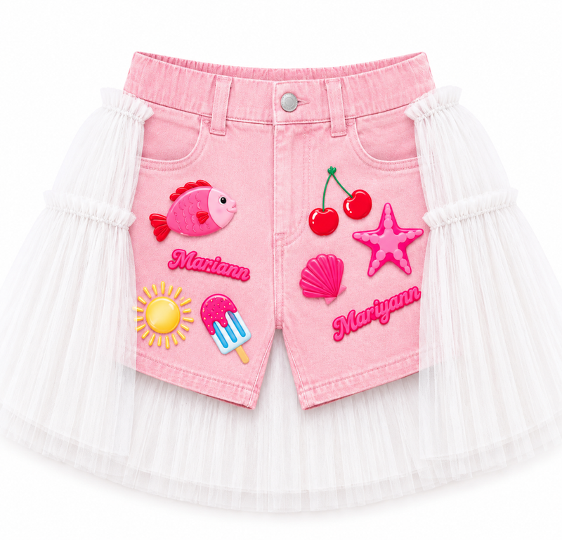Customized Denim Shorts – Pink Shells Theme with Tulle