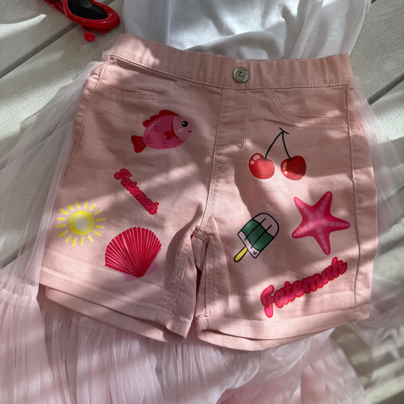 Customized Denim Shorts – Pink Shells Theme with Tulle