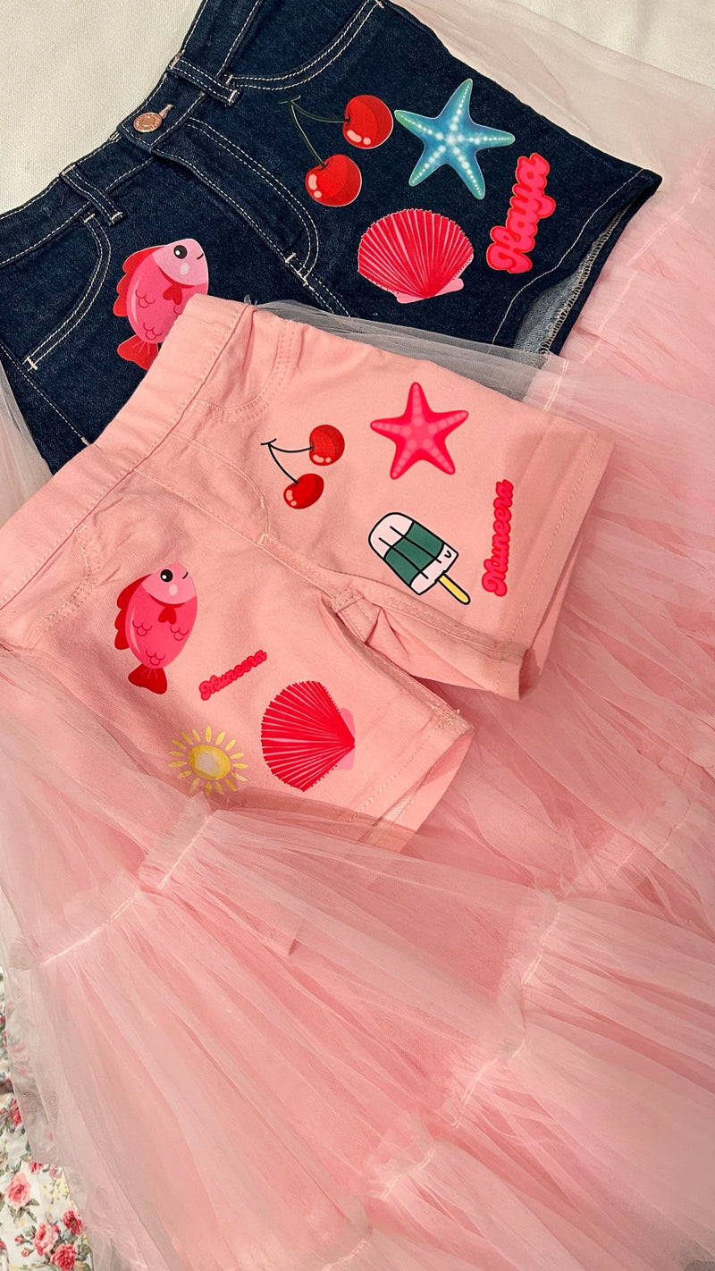 Customized Denim Shorts – Pink Shells Theme with Tulle